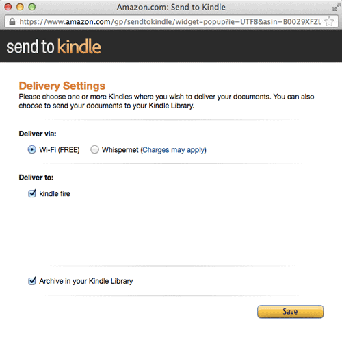 Send to kindle option screen 500