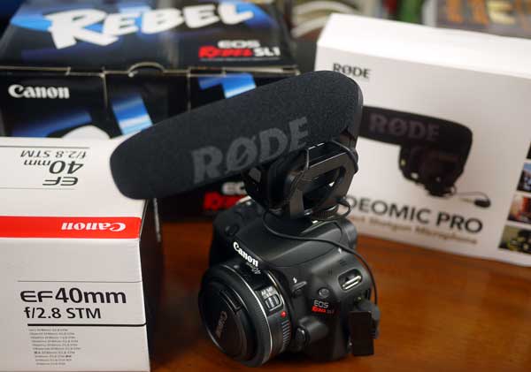 Canon EOS Rebel SL1 with Rode mic and pancake lens 600